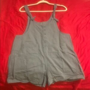 Blue Linen-Blend Utility Romper | Button Front | Adjustable Straps